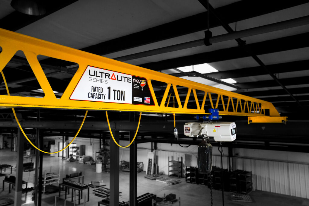 1 ton pwi ultra lite bridge crane starke vs hoist in trailer manufacturing setting 4