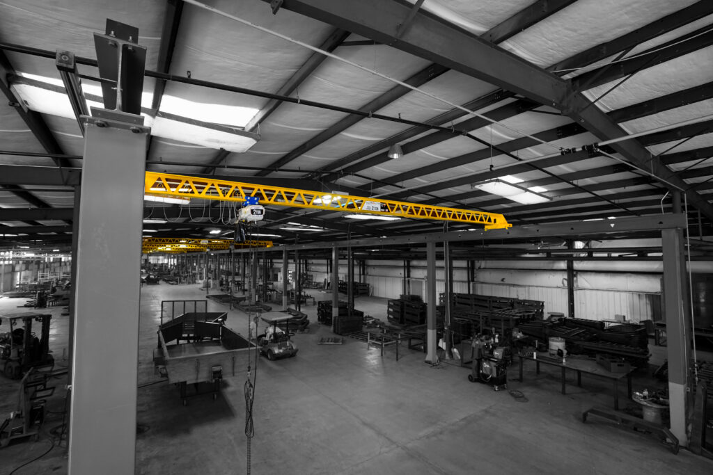 2 ton pwi ultralite bridge crane starke vs hoist in trailer manufacturing setting